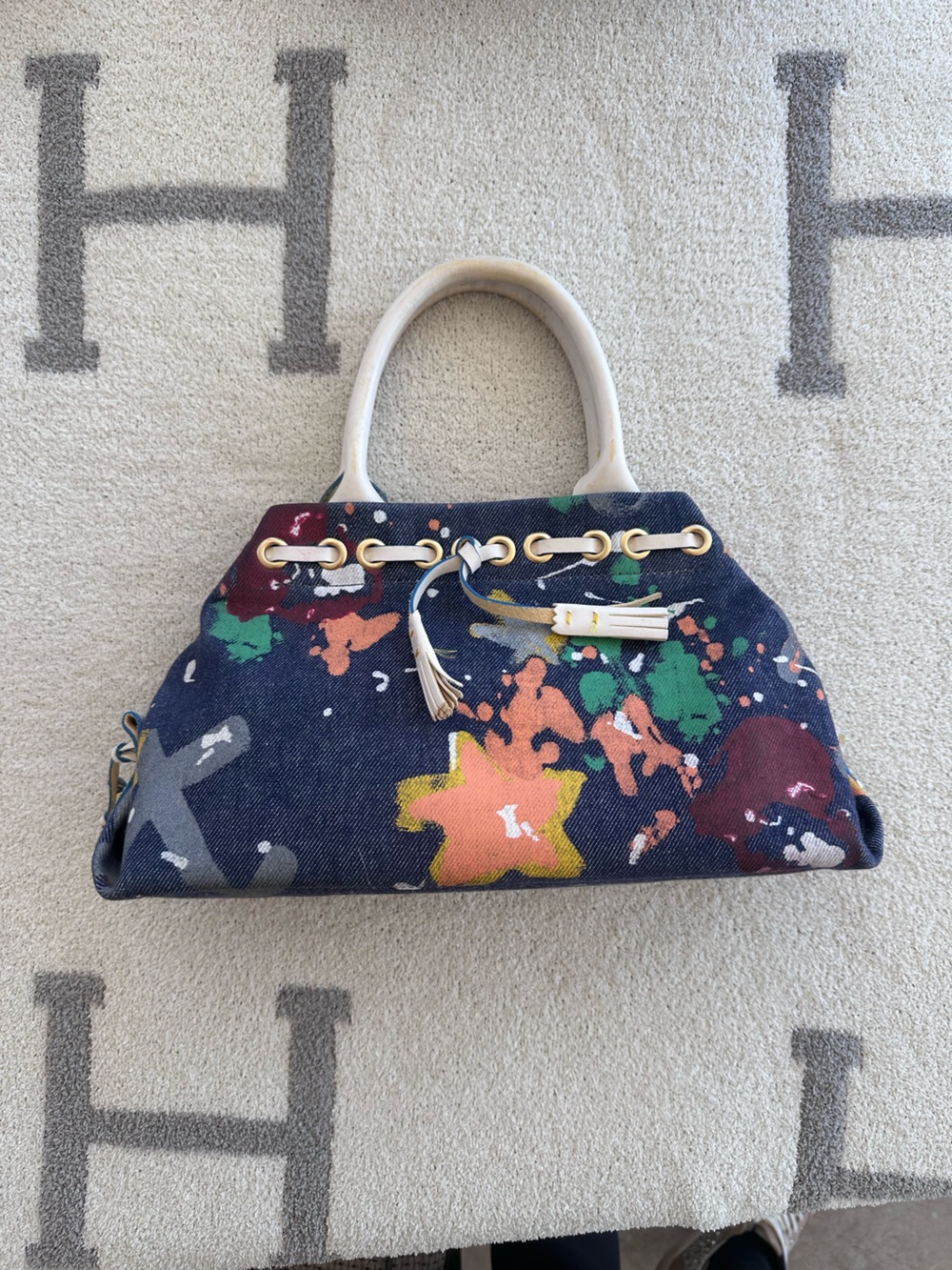 Paint-Splash Denim Tote Bag in Navy and Multicolor Dooney y2k